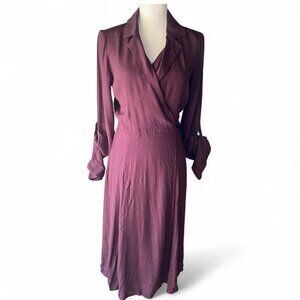 NWOT Express burgundy cranberry wrap midi dress belted rayon S retro holiday